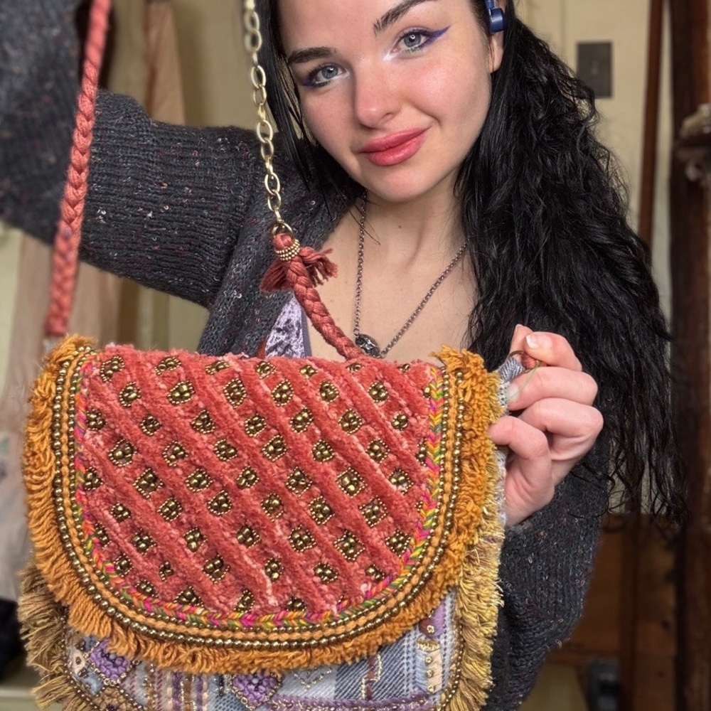 The Pyramid Collection Coral Velvet Crossbody with Mustard Fringe